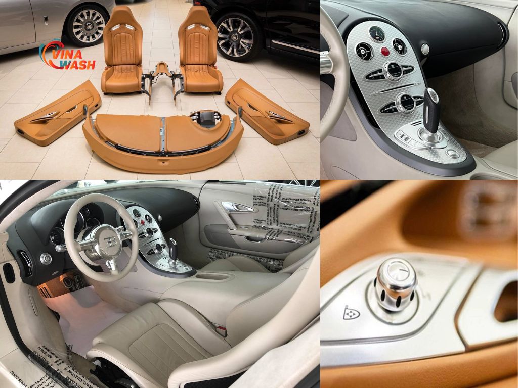 Veyron có nội thất bọc da cao cấp, cùng với các chi tiết như logo EB được mạ vàng và vô lăng có chữ ký của nghệ sĩ Lang Lang.