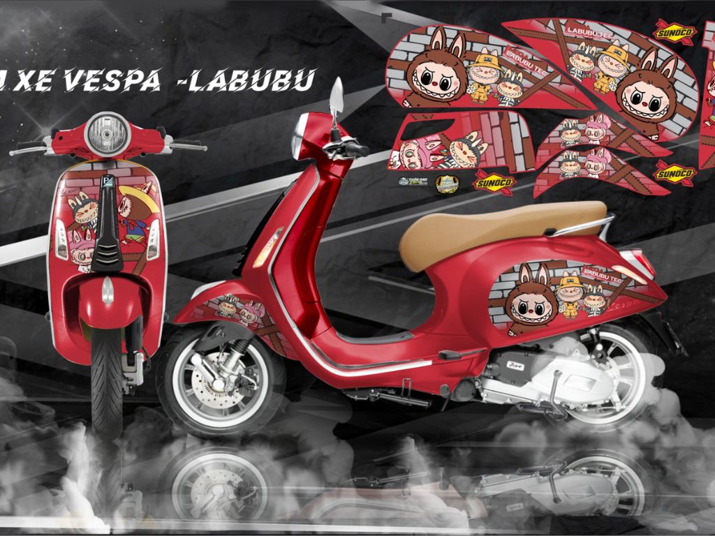 Dán xe Vespa với decal Labubu dễ thương