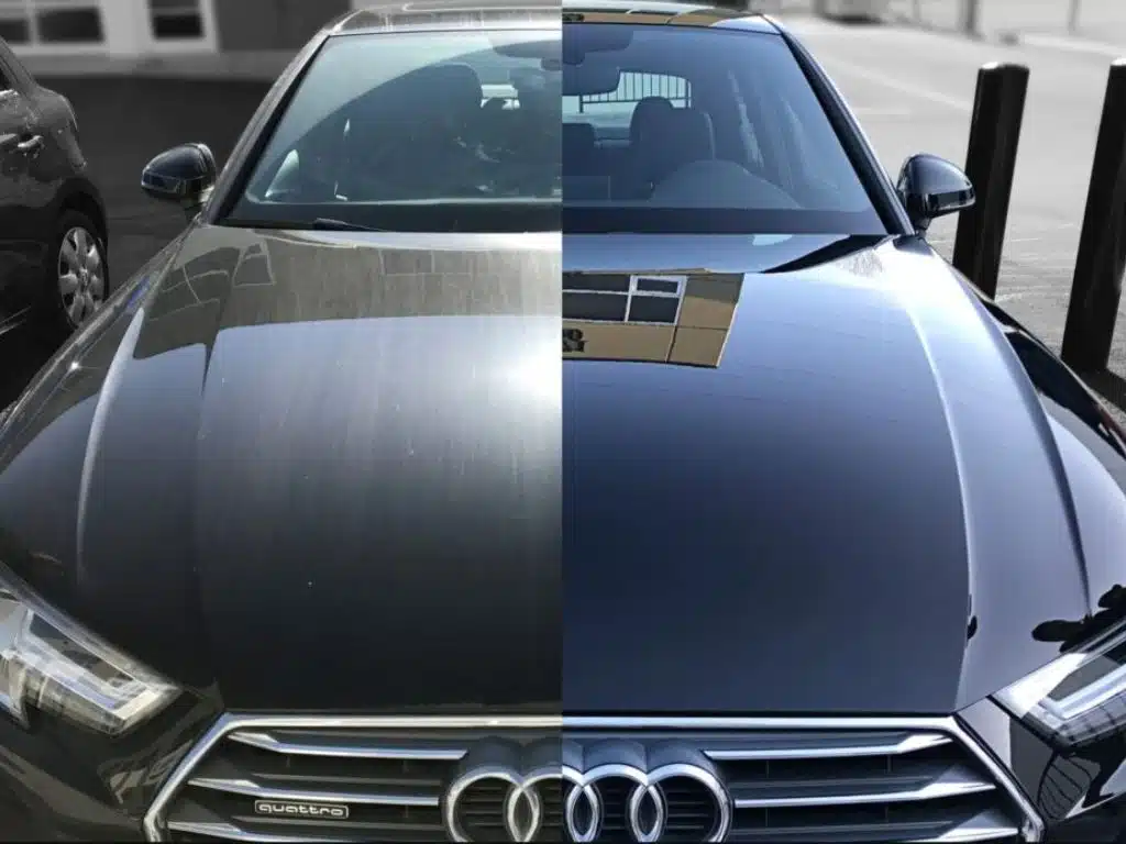 So sánh trước và sau khi đánh bóng xe tại trung tâm chăm sóc xe hơi – bề mặt sơn bóng loáng và sạch bụi hoàn toàn.