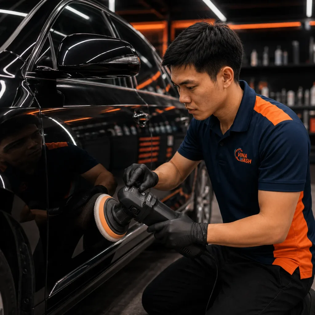 Kỹ thuật viên VinaWash đánh bóng hiệu chỉnh sơn trước khi phủ ceramic