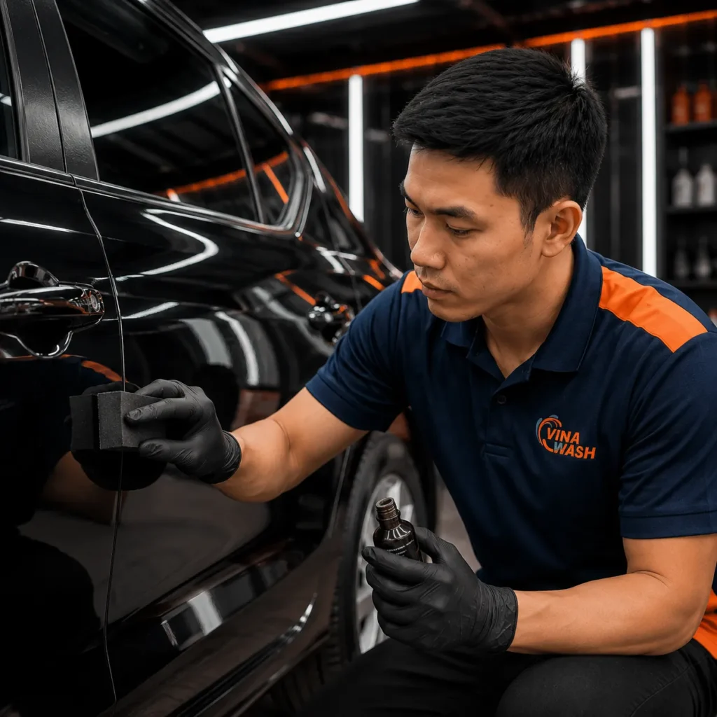 Kỹ thuật viên thi công phủ ceramic trên thân xe ô tô tại VinaWash