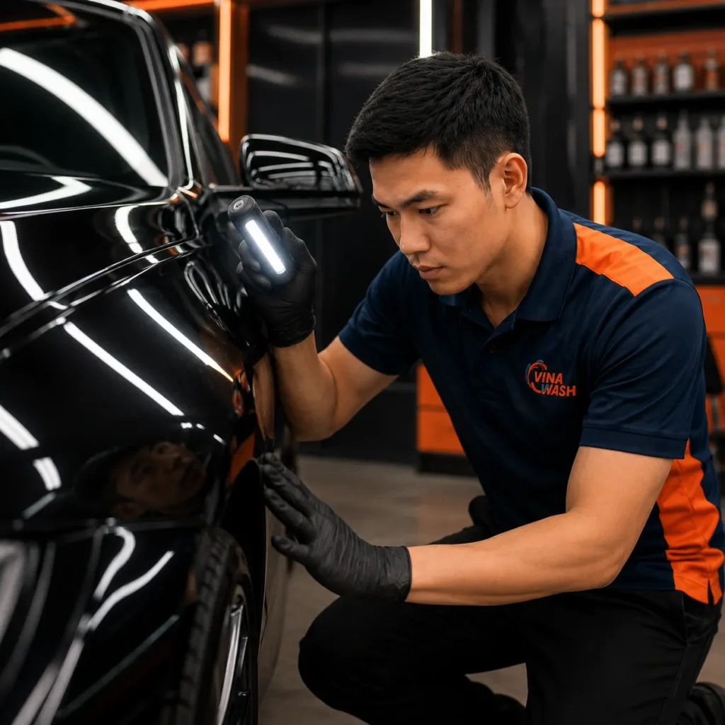 Kỹ thuật viên kiểm tra bề mặt sơn trước khi phủ ceramic ô tô