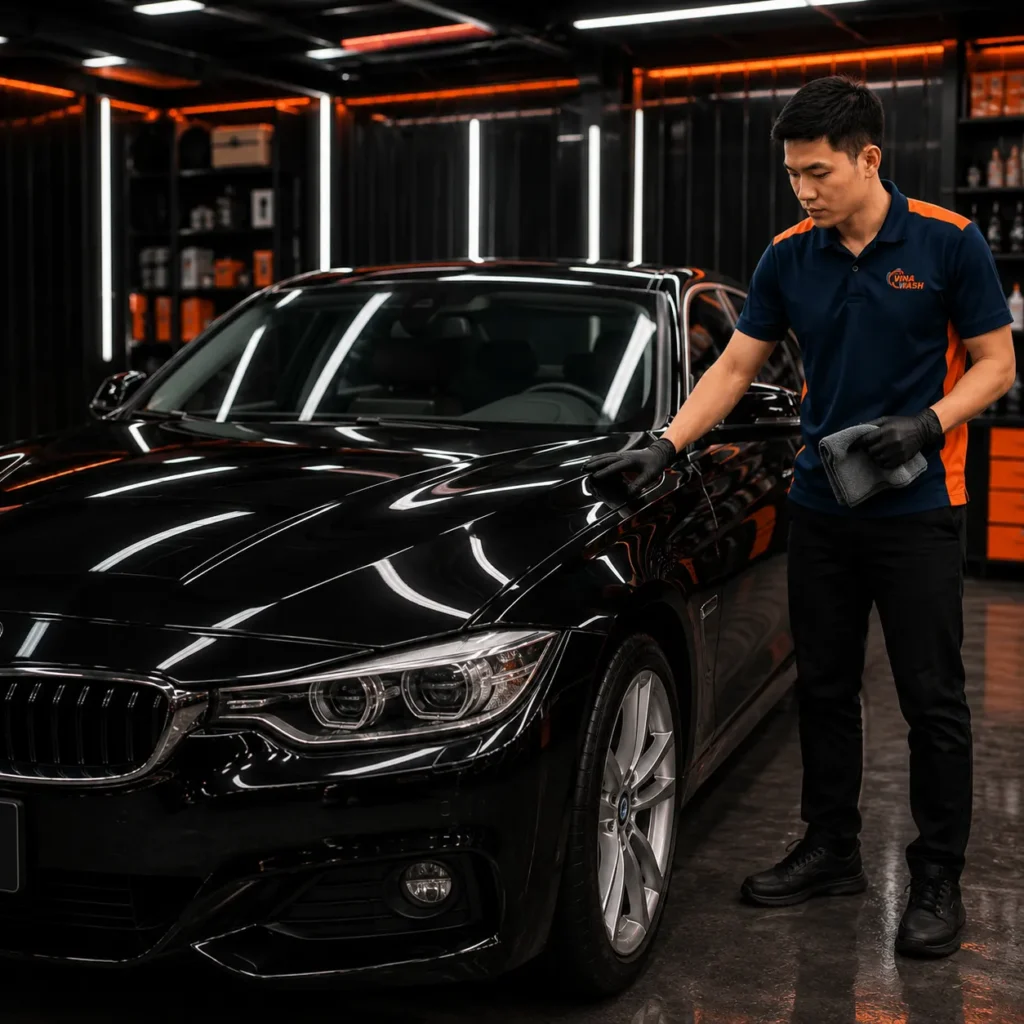 Kỹ thuật viên VinaWash lau hoàn thiện xe sau khi phủ ceramic