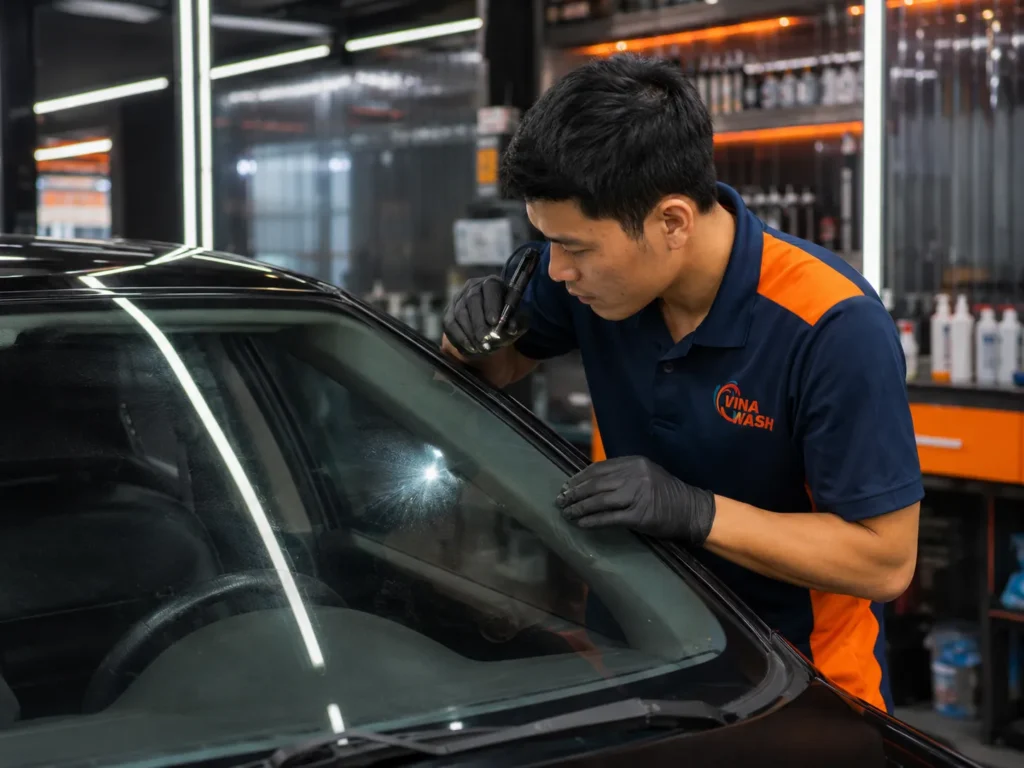 Kỹ thuật viên VinaWash kiểm tra vết xước và ố mốc trên kính lái ô tô trước khi đánh bóng