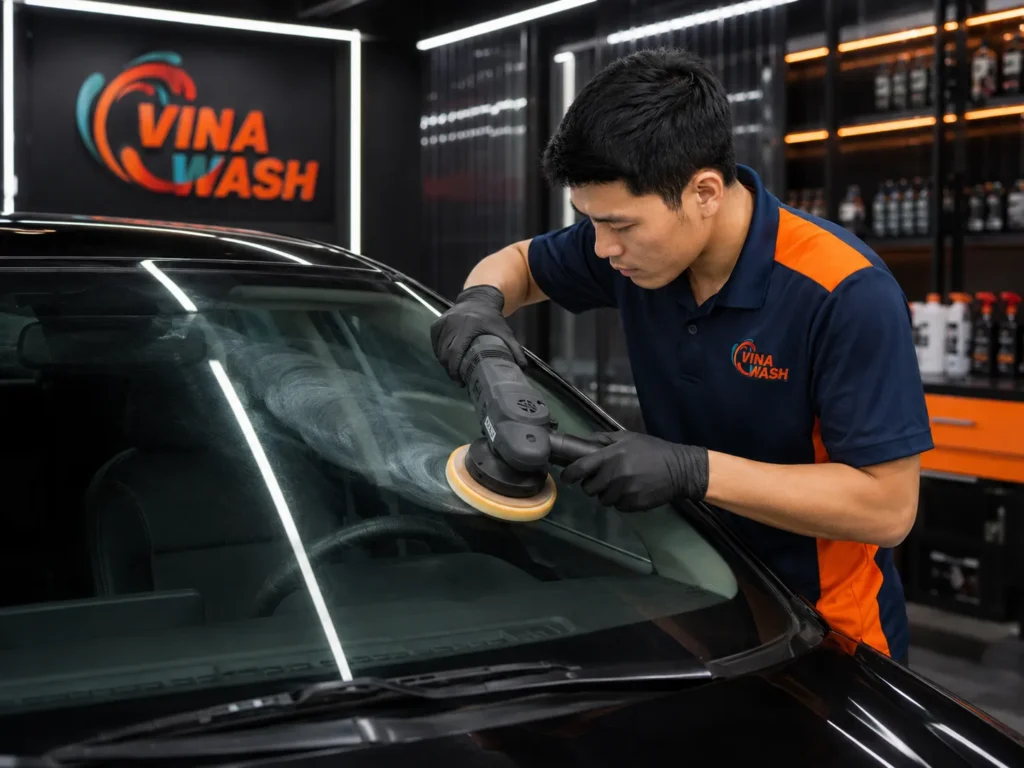 Kỹ thuật viên VinaWash dùng máy chuyên dụng đánh bóng kính lái ô tô bị xước nhẹ