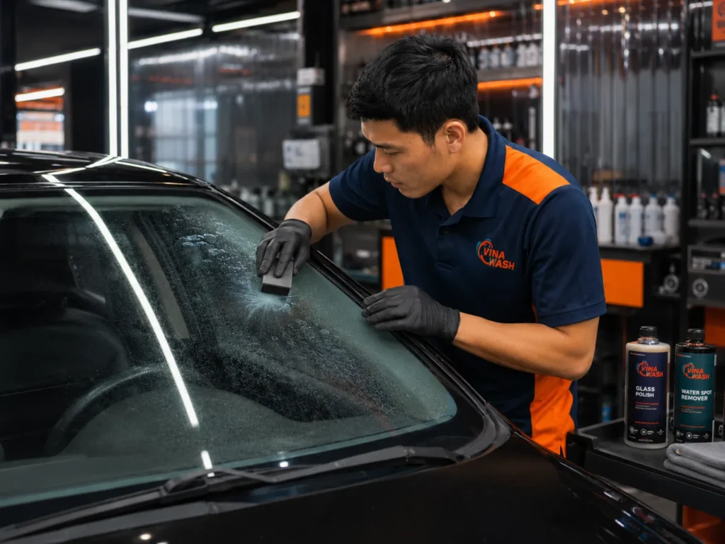 Xử lý cặn nước và ố mốc trên kính ô tô bằng dụng cụ chuyên dụng tại garage VinaWash