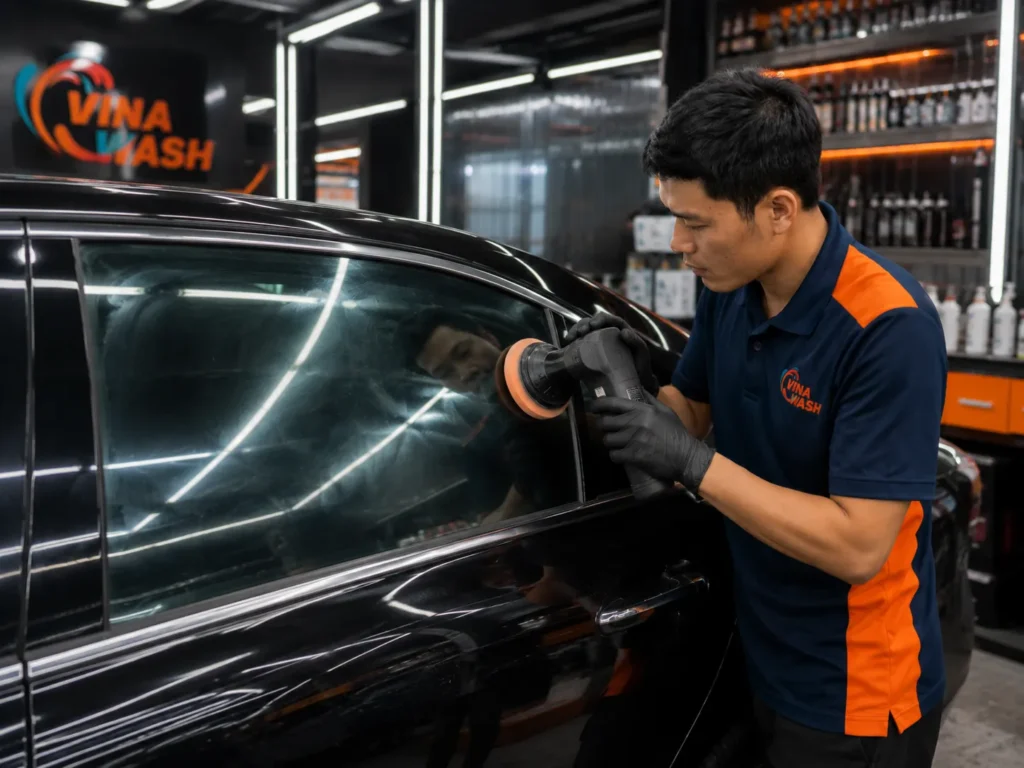 Đánh bóng kính sườn ô tô tại VinaWash giúp kính trong và giảm mờ loang