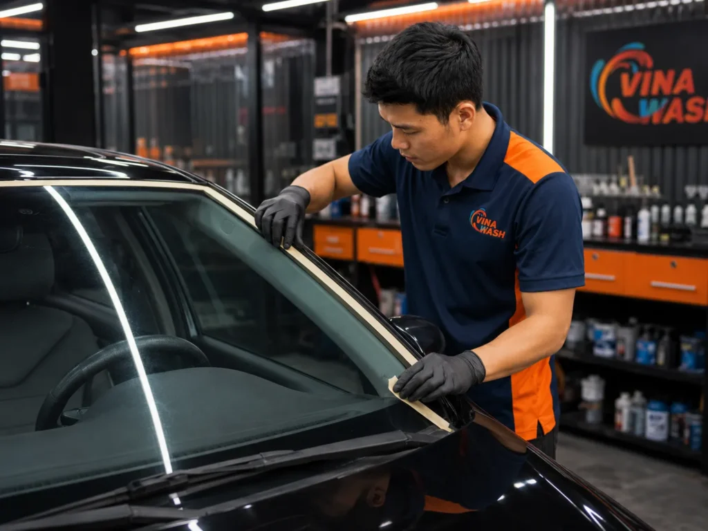 Kỹ thuật viên VinaWash dán băng keo bảo vệ viền kính trước khi đánh bóng kính ô tô