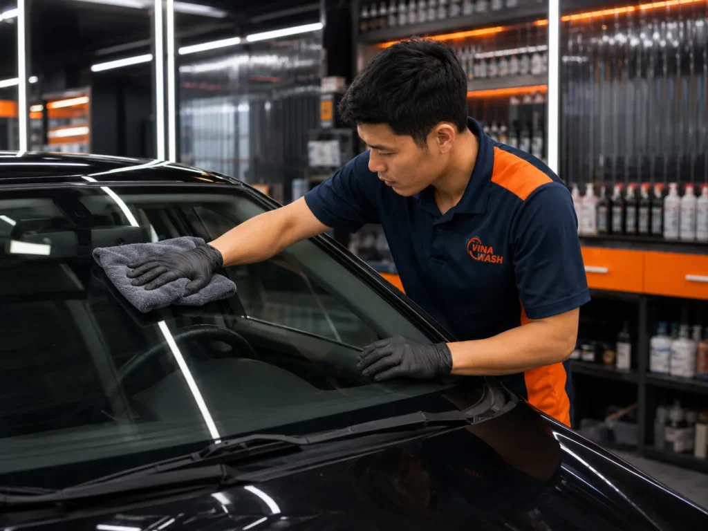 Lau sạch kính lái ô tô bằng khăn microfiber sau khi đánh bóng tại VinaWash