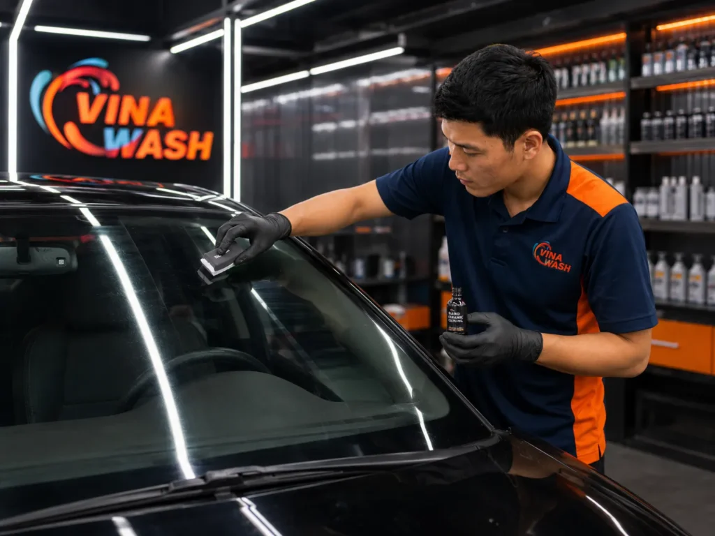 Phủ dung dịch bảo vệ kính ô tô sau khi đánh bóng để hạn chế bám nước và ố mốc