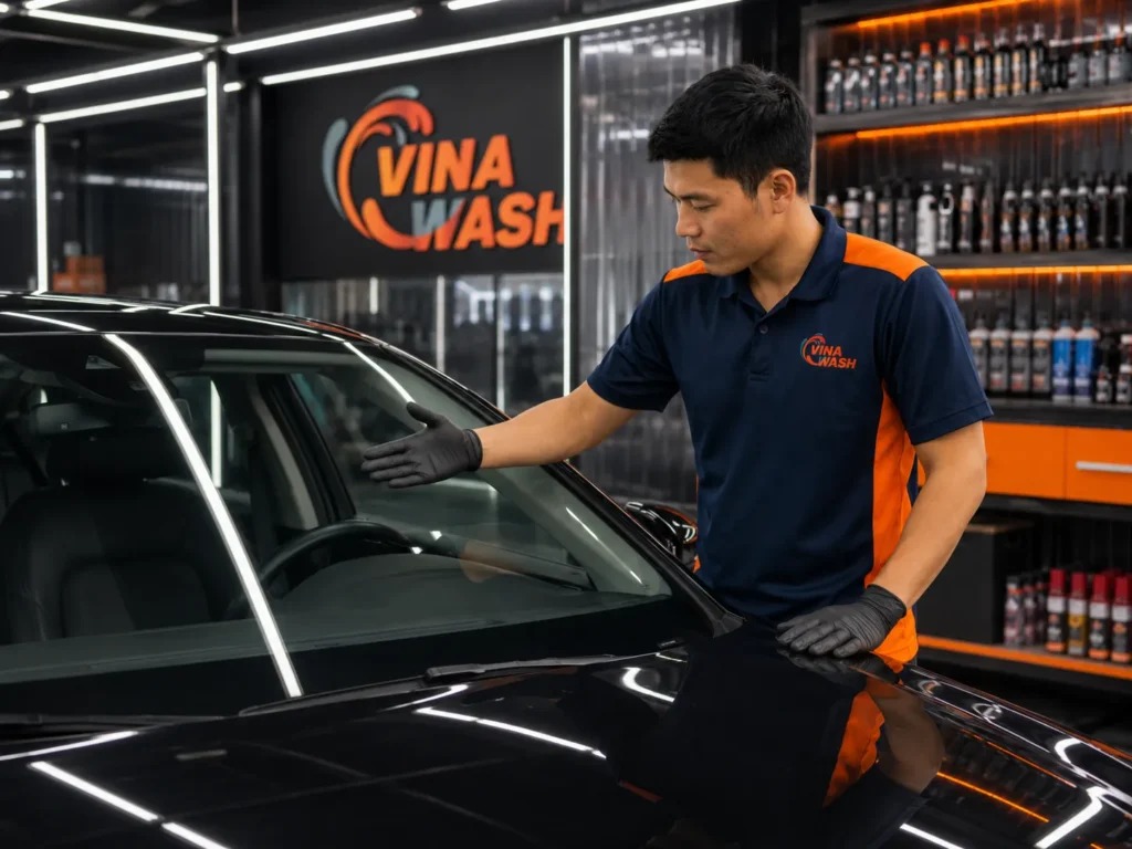 Kỹ thuật viên VinaWash kiểm tra độ trong của kính sau khi hoàn tất đánh bóng kính ô tô