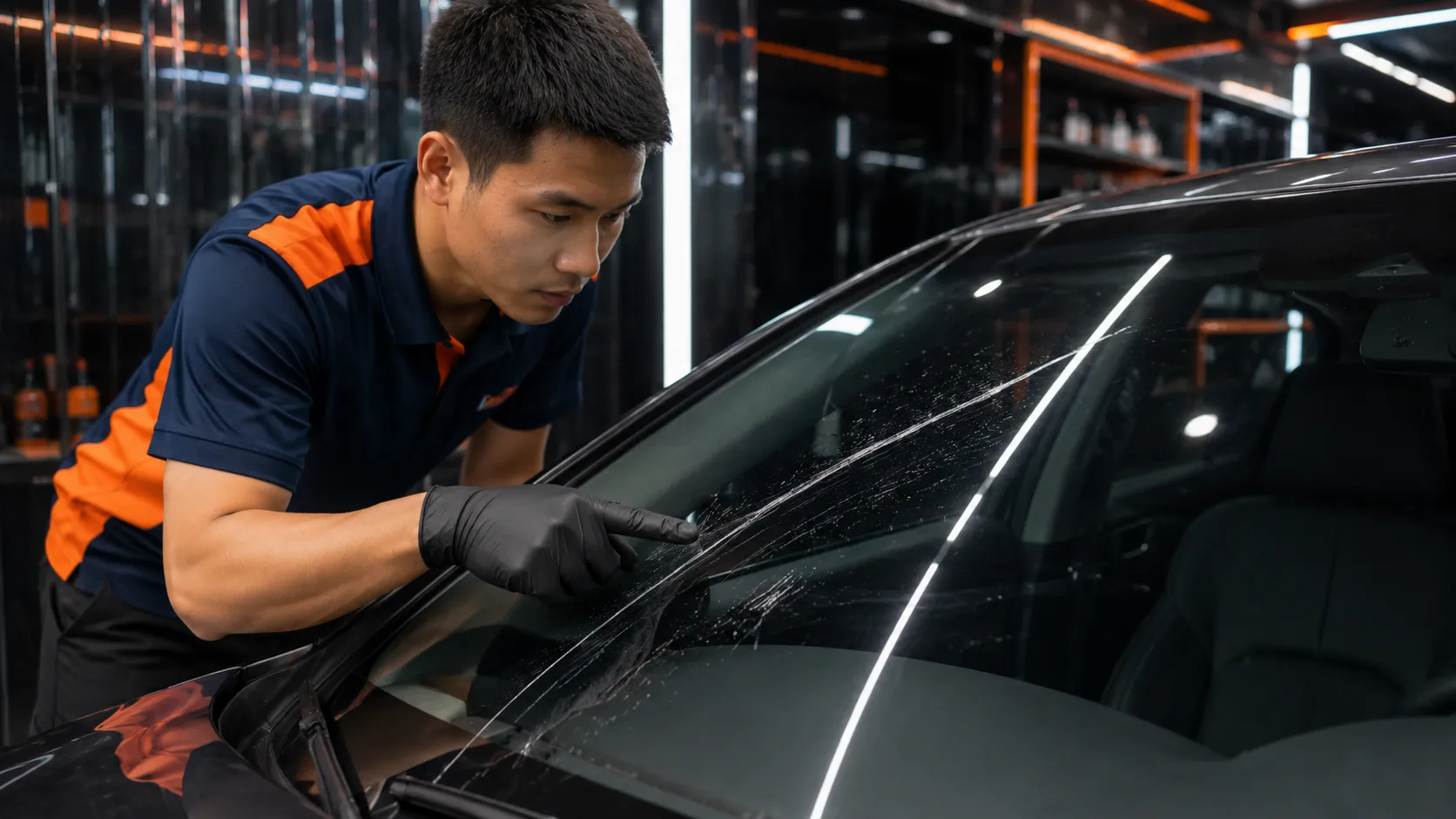 Vết xước sâu trên kính lái ô tô cần kiểm tra trước khi xử lý