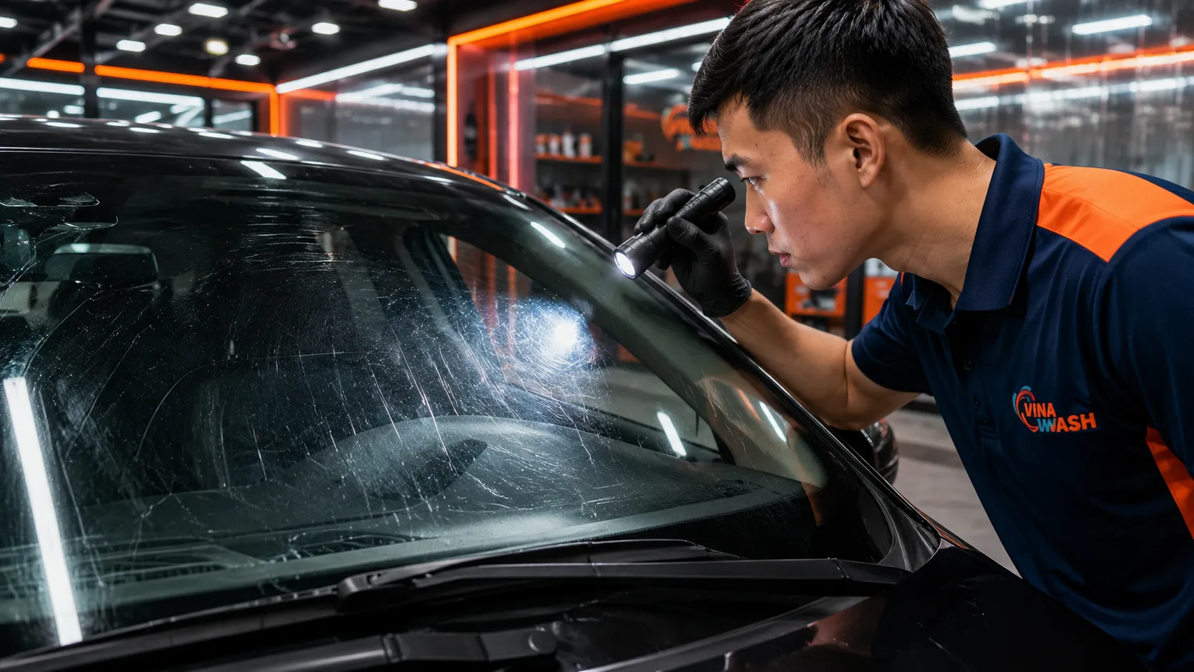 Kính lái ô tô bị xước nhẹ trước khi đánh bóng tại VinaWash
