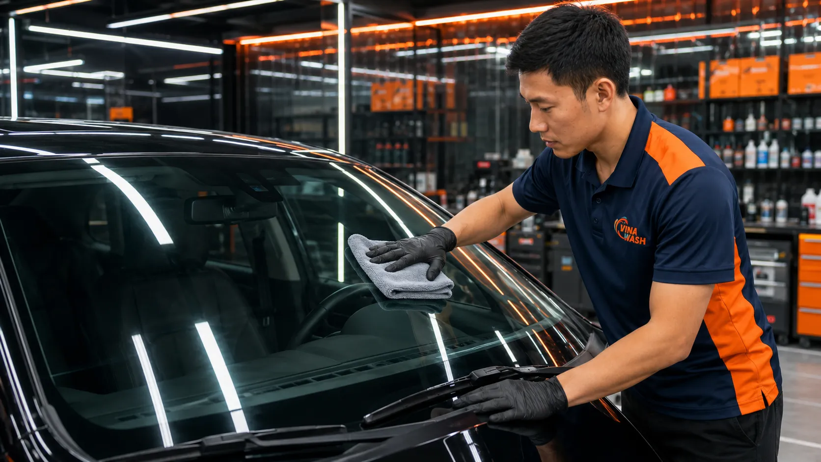 Kính lái ô tô sau khi đánh bóng xóa vết xước nhẹ tại VinaWash