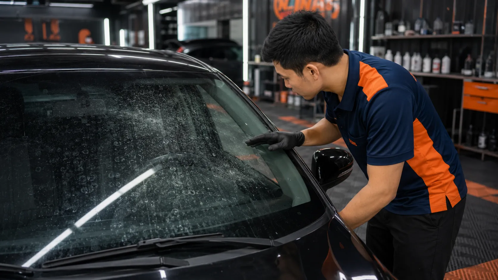 Kính ô tô bị ố mốc và bám cặn nước trước khi đánh bóng