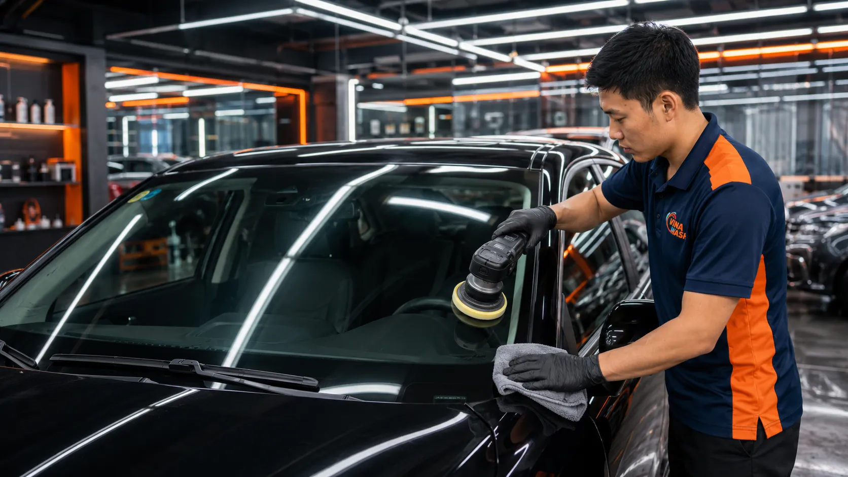 Kính ô tô trong hơn sau khi xử lý ố mốc và cặn nước tại VinaWash