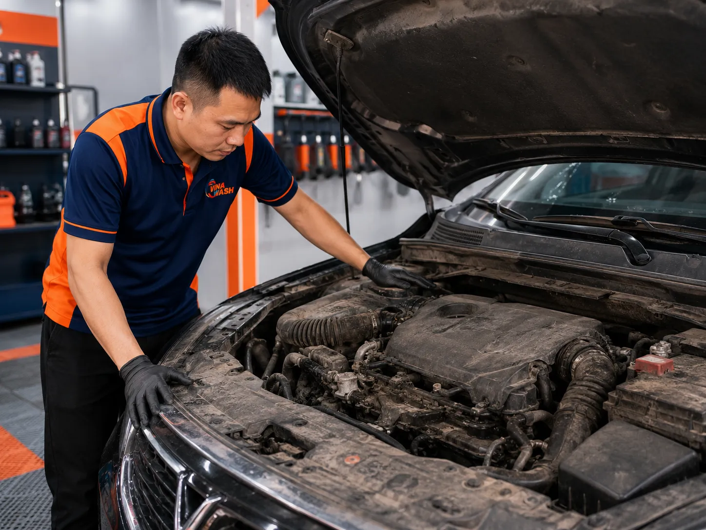 Khoang máy ô tô trước khi vệ sinh tại VinaWash