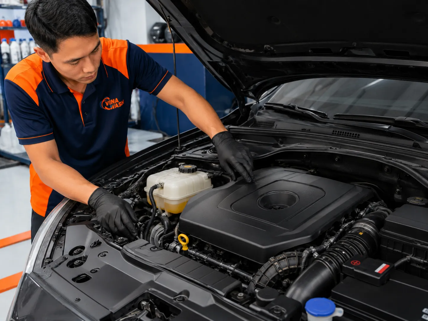 Động cơ ô tô sau khi làm sạch bụi bẩn dầu mỡ tại VinaWash