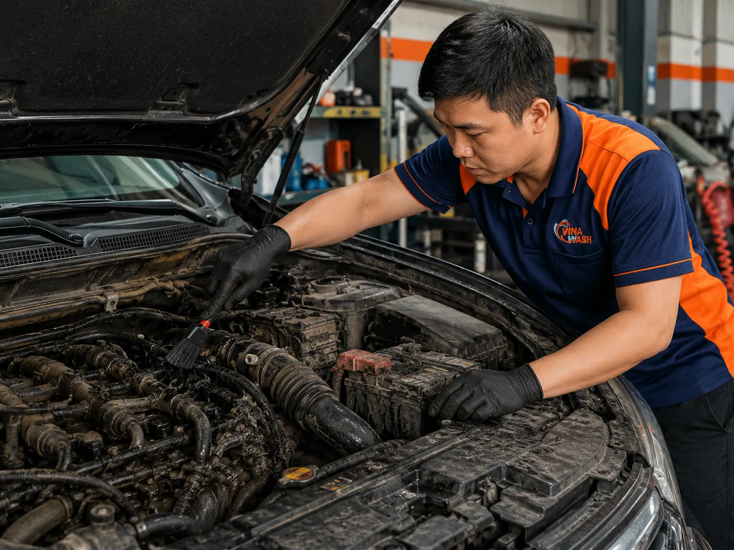 Chi tiết nhựa cao su khoang máy trước khi vệ sinh tại VinaWash