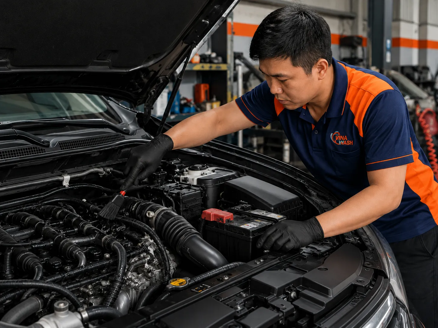 Chi tiết nhựa cao su khoang máy sau khi vệ sinh và dưỡng tại VinaWash