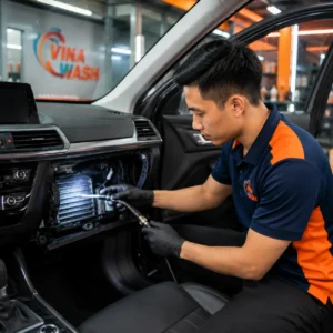 Vệ sinh dàn lạnh ô tô chuyên nghiệp tại VinaWash bằng phương pháp nội soi không tháo taplo xe