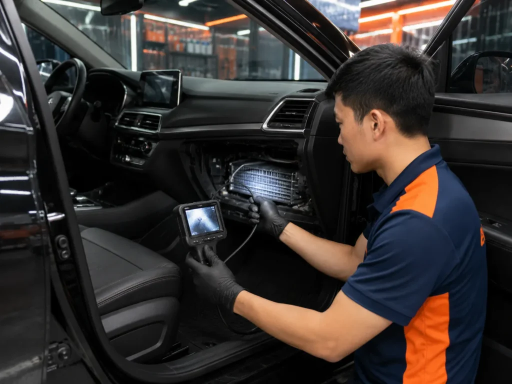 Nhân viên vinawash dùng máy nội soi dàn lạnh vệ sinh dàn lạnh