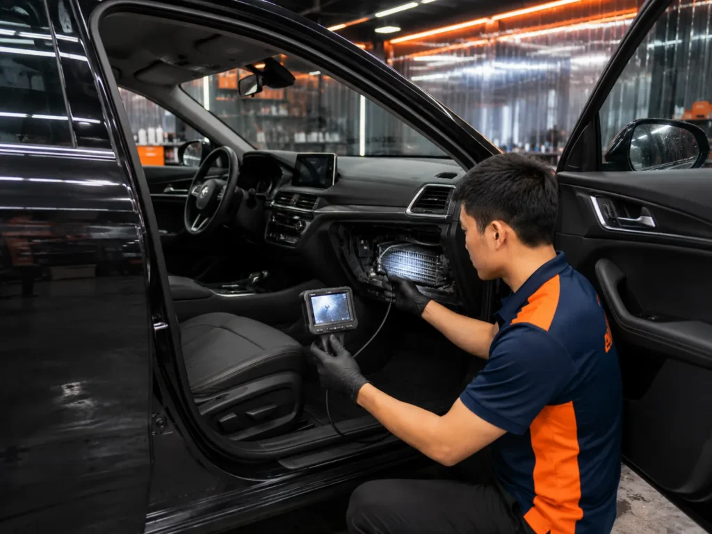 Quan sát dàn lạnh điều hòa ô tô trực tiếp bằng máy nội soi chuyên dụng