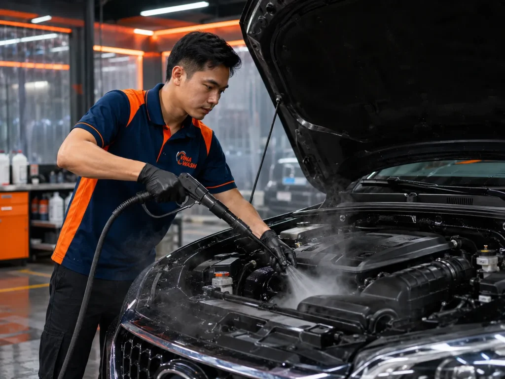 Nhân viên VinaWash vệ sinh khoang máy ô tô bằng hơi nước nóng tại xưởng chăm sóc xe chuyên nghiệp