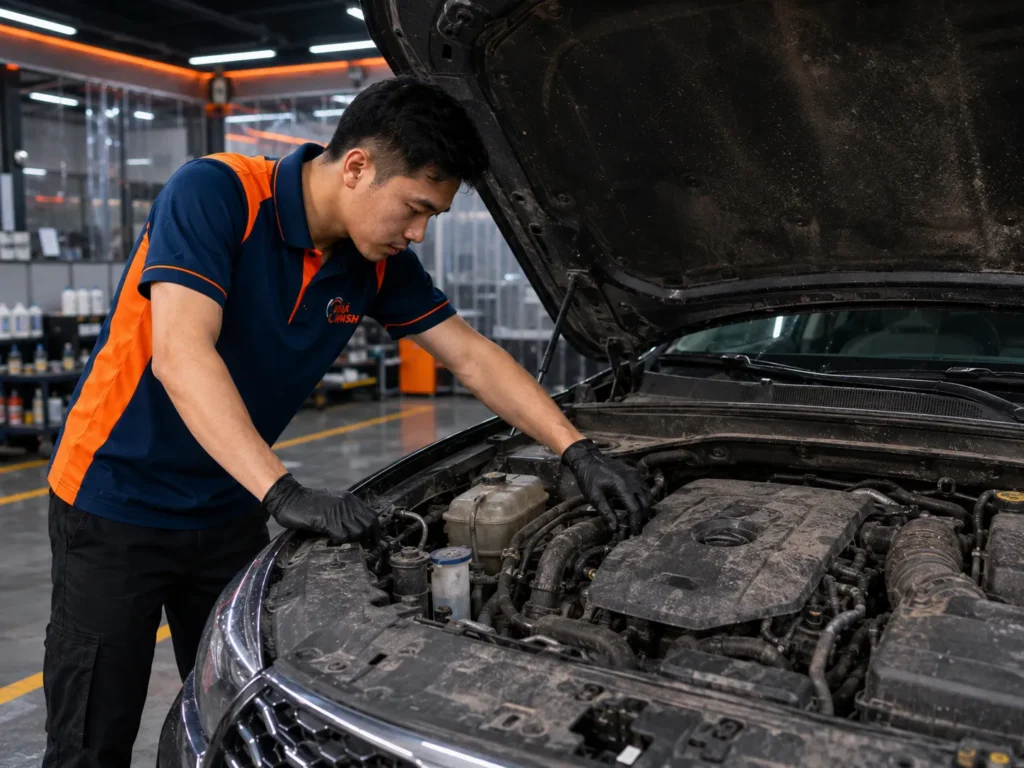 Kỹ thuật viên VinaWash kiểm tra khoang máy ô tô bám bụi dầu trước khi vệ sinh chuyên sâu