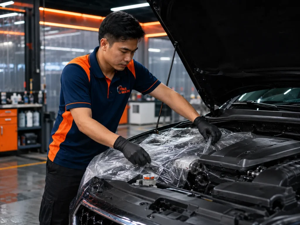 Nhân viên VinaWash che chắn chi tiết điện trong khoang máy ô tô trước khi làm sạch