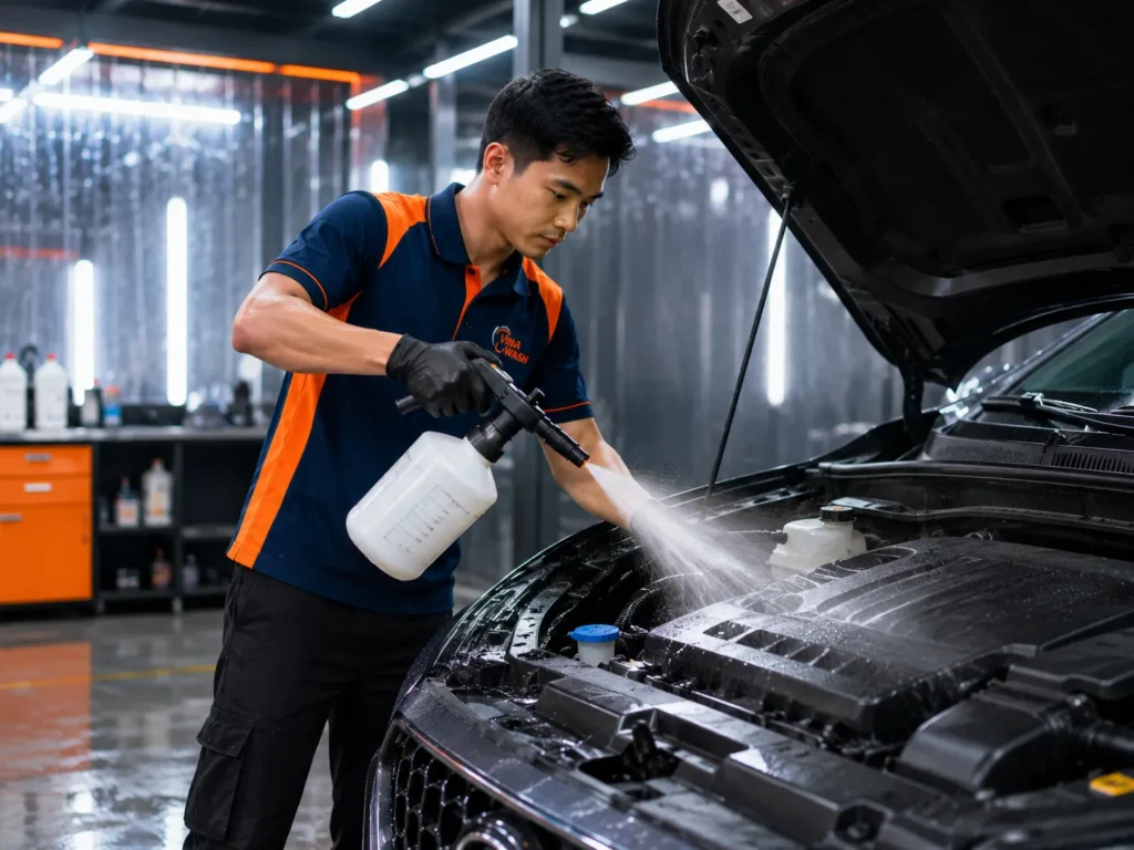 Kỹ thuật viên phun dung dịch vệ sinh khoang máy ô tô tại xưởng VinaWash TP.HCM