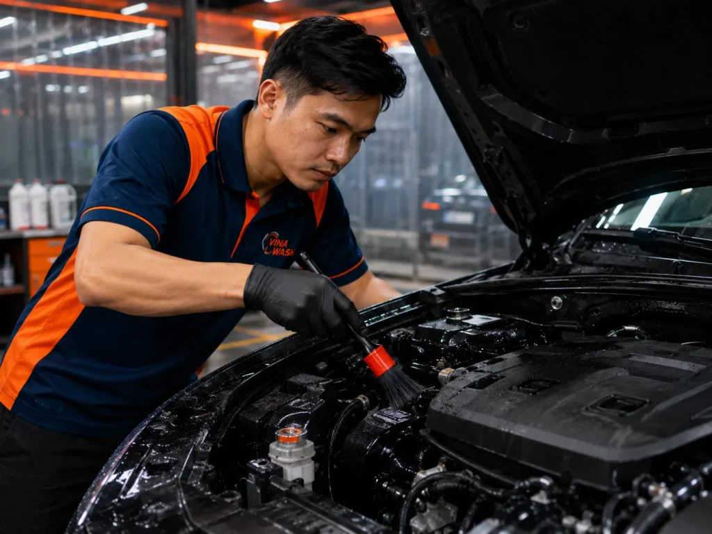 Nhân viên VinaWash dùng cọ detailing làm sạch bụi bẩn và dầu mỡ trong khoang động cơ ô tô