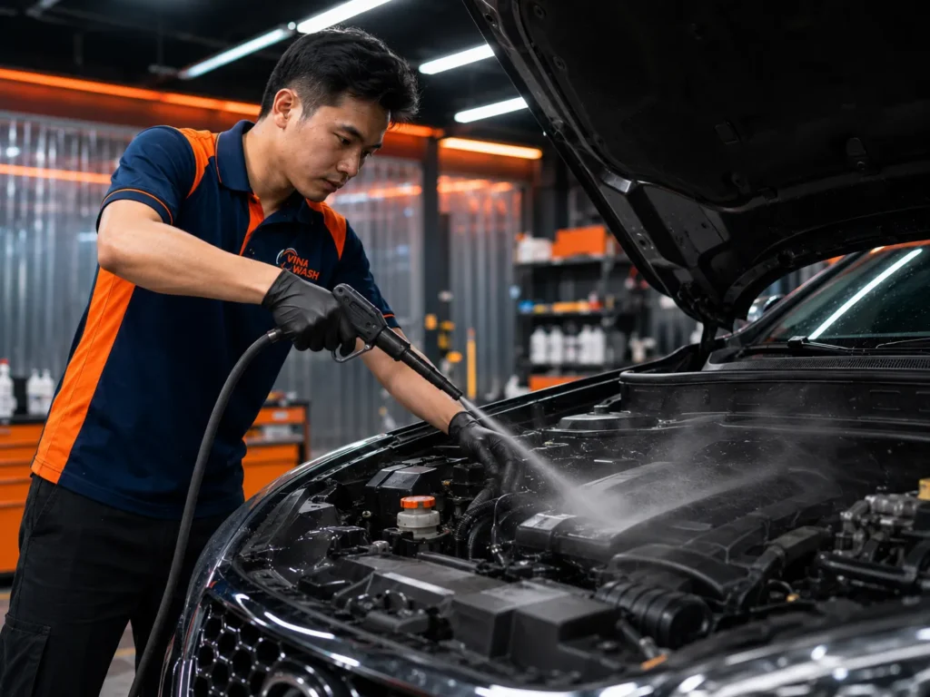 Kỹ thuật viên VinaWash vệ sinh khoang máy ô tô bằng hơi nước nóng an toàn cho động cơ