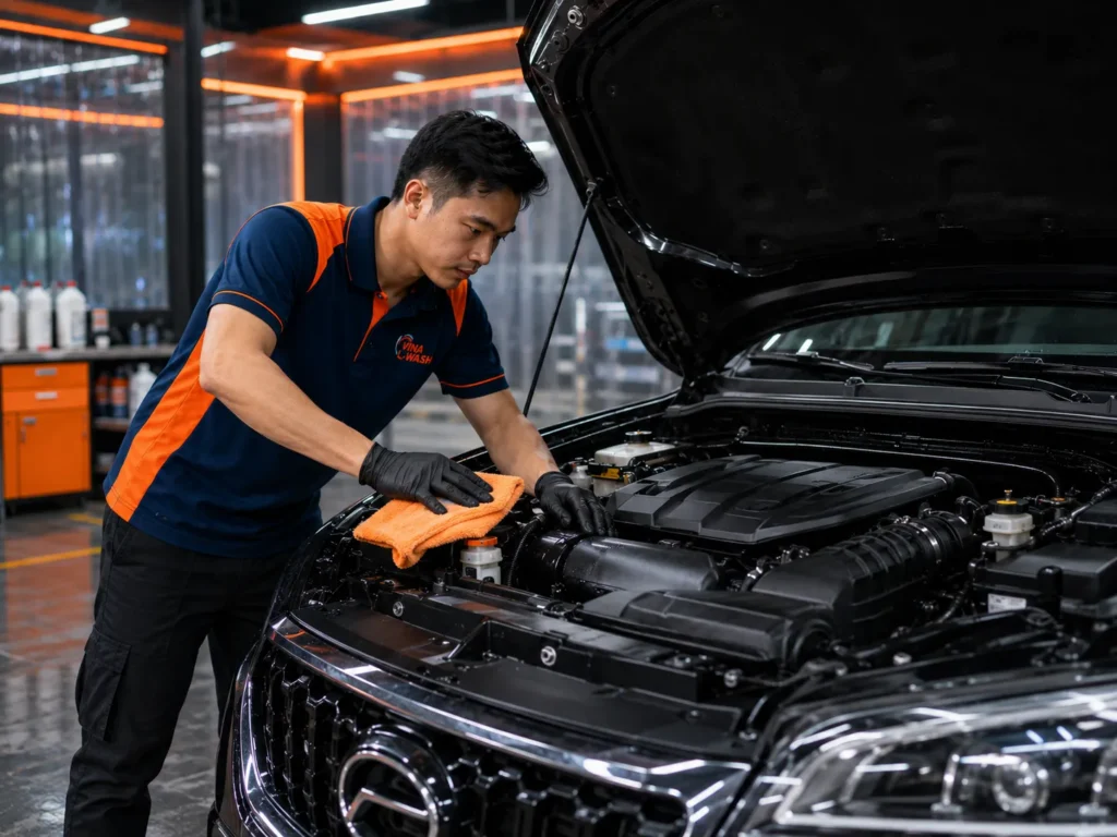 Nhân viên VinaWash lau khô và hoàn thiện khoang máy ô tô sau khi vệ sinh