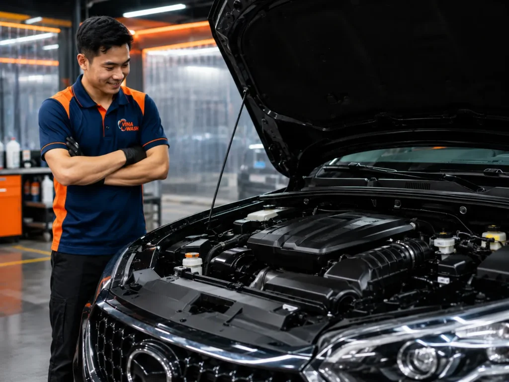 Khoang máy ô tô sạch bóng sau khi được vệ sinh chuyên sâu tại VinaWash