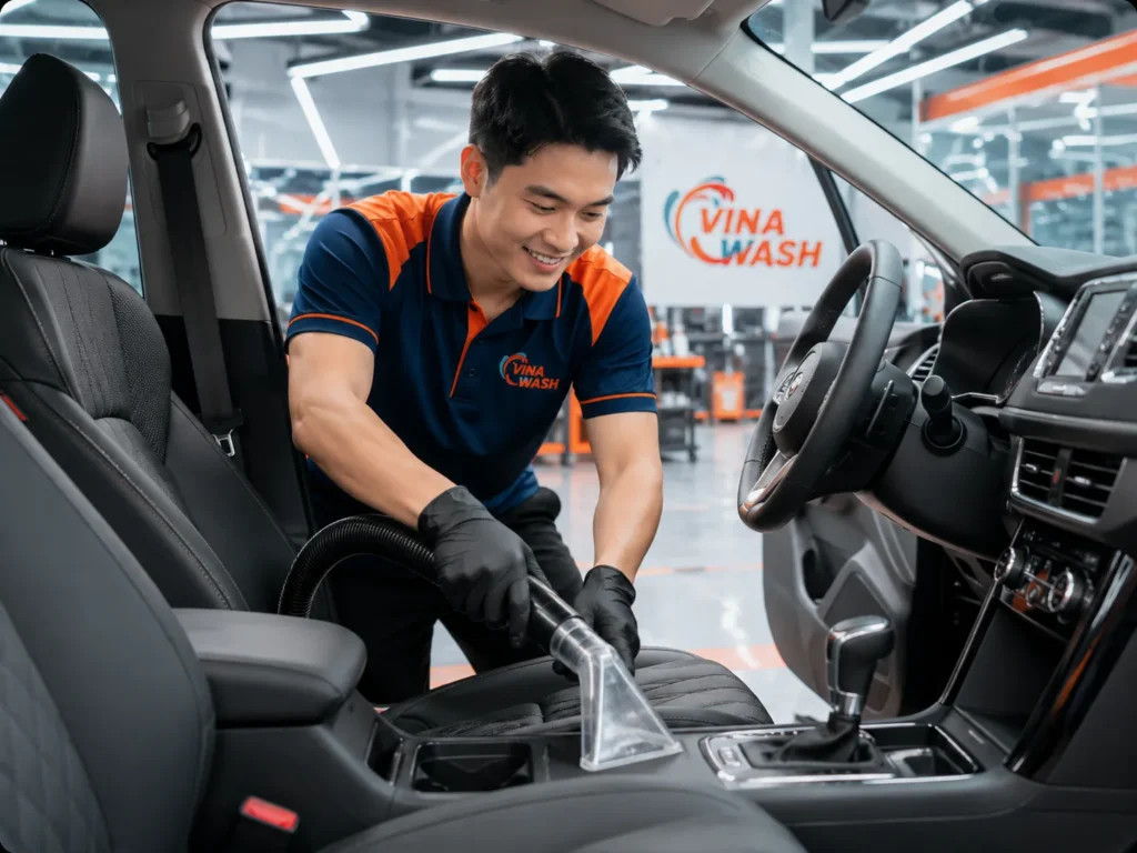 Nhân viên VinaWash hút bụi và vệ sinh ghế ô tô trong khoang nội thất