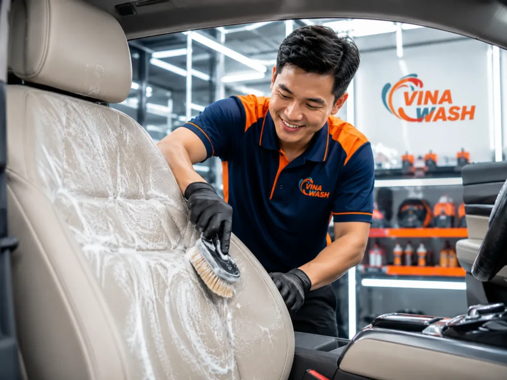 Vệ sinh ghế da ô tô bằng dung dịch chuyên dụng tại VinaWash