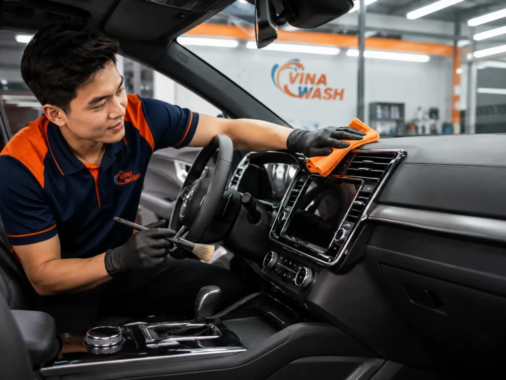 Nhân viên VinaWash lau taplo và làm sạch bảng điều khiển ô tô