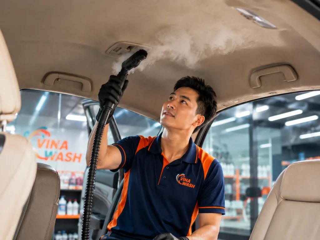 Vệ sinh trần xe ô tô bằng máy hơi nước chuyên dụng tại VinaWash
