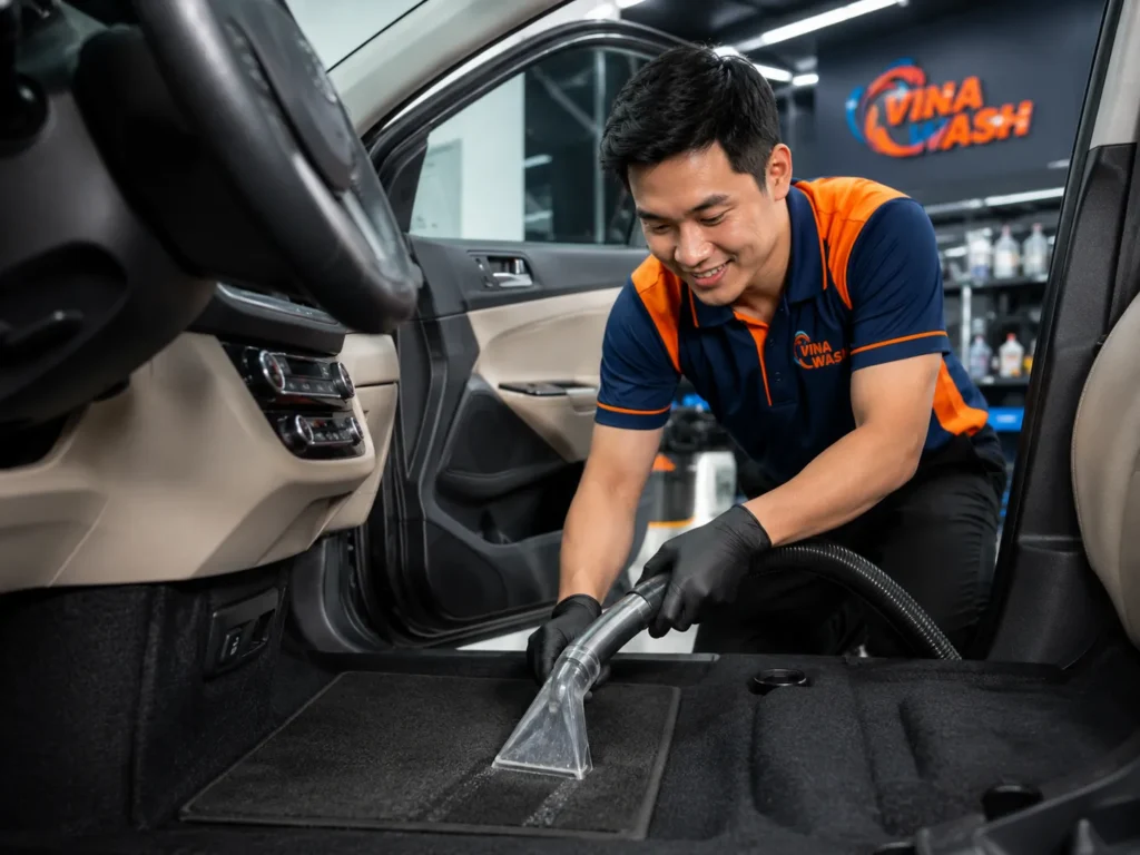 Hút bụi và làm sạch sàn xe ô tô trong quy trình vệ sinh nội thất