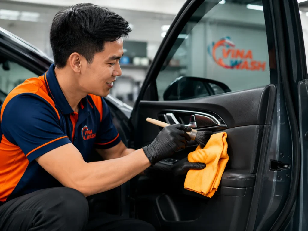 Nhân viên VinaWash vệ sinh tappi cửa và tay nắm cửa ô tô