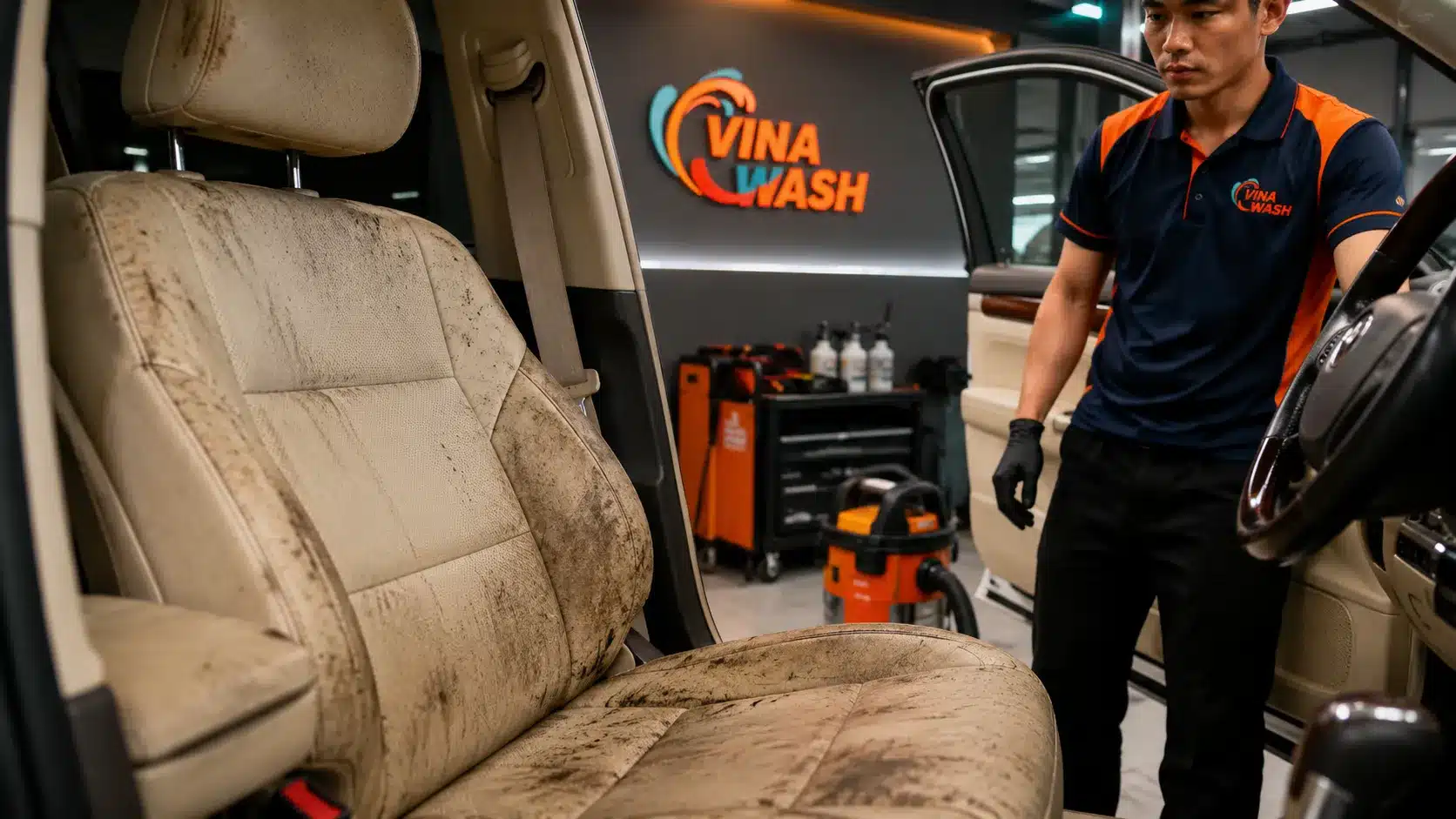 Ghế da ô tô trước khi vệ sinh nội thất tại VinaWash