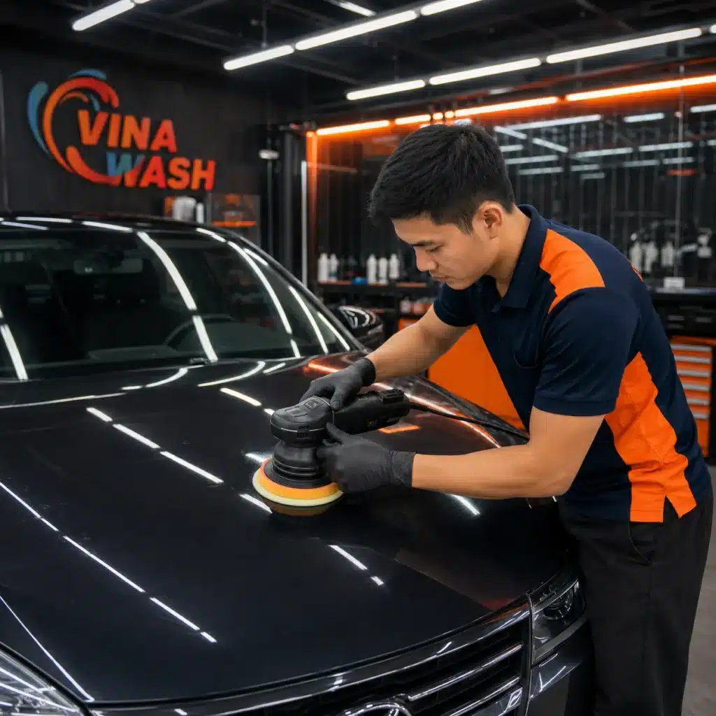 Kỹ thuật viên VinaWash đang đánh bóng nắp capo xe ô tô màu đen bằng máy đánh bóng chuyên dụng
