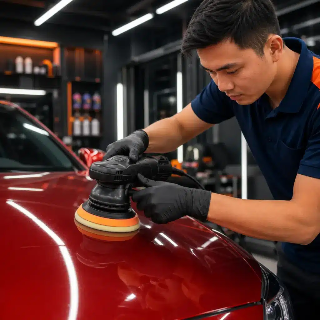 Kỹ thuật viên detailing đang đánh bóng nắp capo xe ô tô màu đỏ trong phòng chăm sóc xe chuyên nghiệp
