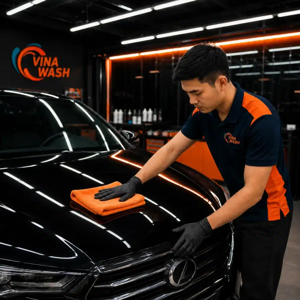 Kỹ thuật viên VinaWash lau hoàn thiện bề mặt sơn xe ô tô sau khi đánh bóng