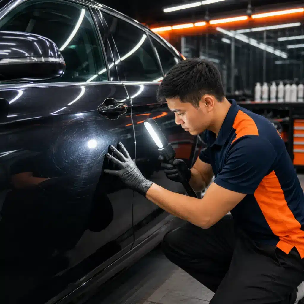 Kỹ thuật viên kiểm tra xoáy xước và tình trạng bề mặt sơn xe ô tô bằng đèn chuyên dụng