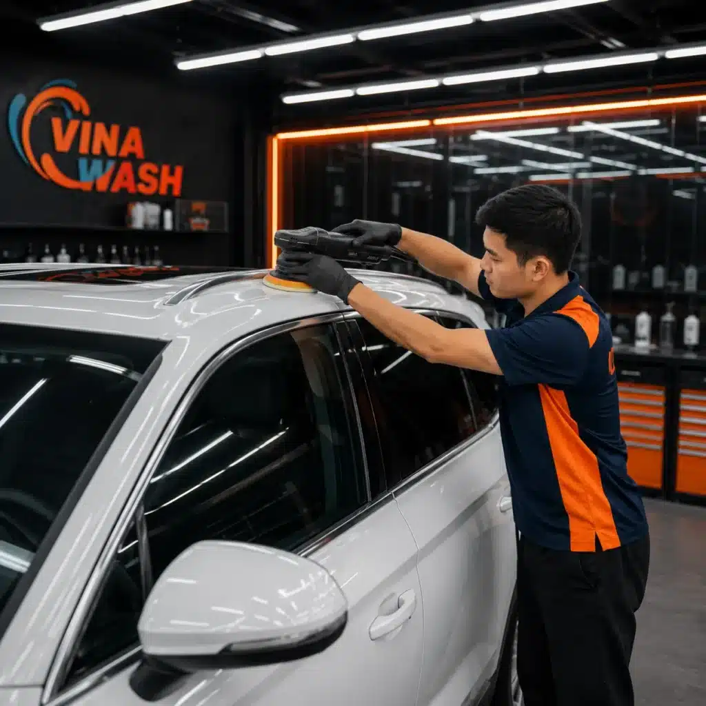 Kỹ thuật viên VinaWash đánh bóng phần nóc xe SUV màu trắng bằng máy đánh bóng chuyên dụng