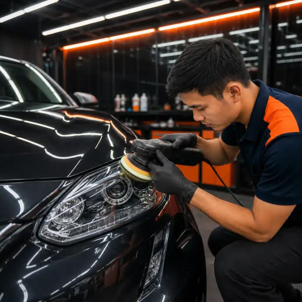 Kỹ thuật viên đánh bóng khu vực đèn pha và phần đầu xe ô tô để phục hồi độ bóng ngoại thất