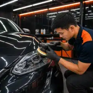 Kỹ thuật viên đánh bóng khu vực đèn pha và phần đầu xe ô tô để phục hồi độ bóng ngoại thất