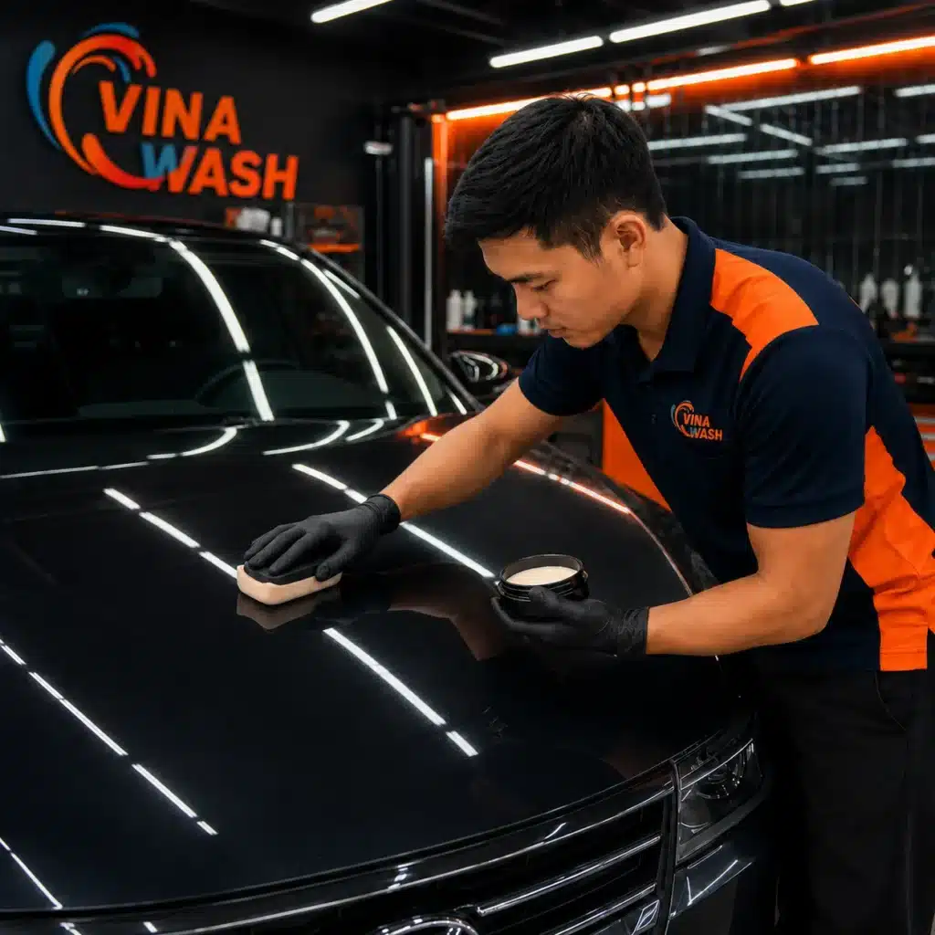 Kỹ thuật viên VinaWash phủ wax bảo vệ sau khi đánh bóng sơn xe ô tô màu đen